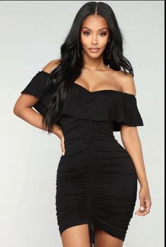 Saigon Ruched Dress - Black Black Off-shoulder Dress With Ruched Bodice, Stretch Draped Dress For Date Night, Black Bodycon Mini Dress With Ruched Detail, Flirty Draped Ruched Dresses, Black Draped Dress With Ruched Back, Flirty Stretch Ruched Midi Dress, Black Off-shoulder Ruched Bodycon Dress, Black Off-shoulder Ruched Midi Dress, Black Stretch Ruched Mini Dress