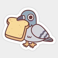 a sticker with a bird holding a piece of bread