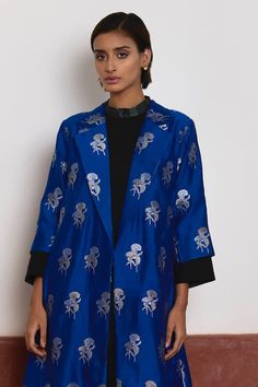 Black dress with asymmetrical hem. Comes with blue Banarasi brocade jacket with woven floral patterns. - Aza Fashions Raw Silk Dress, Brocade Jacket, Banarasi Brocade, Black Floral Dress, Handwoven Fabric, Jacket For Women, Jacket Pattern, Asymmetrical Hem, Raw Silk