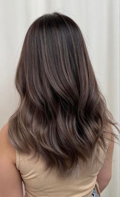 Natural Brown Balayage On Black Hair, Brown Balayage Hair Cool Tone, Dark Brown Hair With Highlights Cool Tone, Ash Brown Dark Hair, Neutral Brown Balayage On Dark Hair, Dark Brown Hair Natural Highlights, Ash Brown Hair Balayage Brunettes, Brunette Cool Tone Balayage, Brunette Balayage Cool Tones