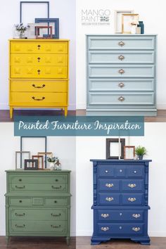 four different colored dressers with the words painted furniture inspiration