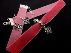 "This is a pretty hand made pink velvet choker necklace and earrings with a tibetan silver heart charm. The velvet is 16mm wide (approx one inch). Measures approx. 13\" long plus a 1.5 inch extension chain. If you would like a longer, or shorter length, let me know, and i'll make the size you want. Thanks for looking!" Heart Charm Choker For Party, Valentine's Day Silver Elegant Choker, Elegant Silver Choker With Heart Charm, Vintage Heart Charm Choker Jewelry, Vintage Heart Charm Choker, Silver Adjustable Choker For Valentine's Day, Adjustable Silver Choker For Valentine's Day, Valentine's Day Adjustable Silver Choker, Valentine's Day Silver Adjustable Choker