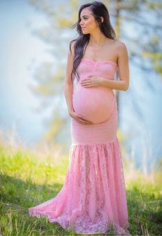 Strapless Maternity Gown Lace - Sexy Mama Maternity  This strapless maternity gown is pure elegance and perfect for every season. The dress is constructed from stretchy lace with premium stretch material lining on the bodice with unlined lace on the bottom. Pictured with light pink lace and a cream lining. This design is perfect for your maternity photoshoot or any special occasion. (Pictured in Blush Pink.)  #SexyMamaMaternity #maternitygown #maternityphotography #maternitysession #pregnancy Fitted Maternity Dress With Lace Bodice, Maternity Lace Dress With Lace Bodice, Maternity Dress With Lace Bodice, Sleeveless Pink Maternity Dress For Wedding, Pink Sleeveless Maternity Dress For Wedding, Pink Maternity Gown, Cool Mom Style, Spring Maternity Outfits, Baby Shower Gown