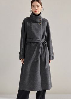 Vivian Seven Women's Winter Stand Collar Belted Wrap Wool Long Coat Gray Long Belted Wool Coat For Fall, Winter Wool Long Coat With Belt, Winter Long Belted Wool Coat, Belted Long Wool Coat, Belted Long Wool Outerwear, Long Belted Wool Outerwear, Long Wool Belted Outerwear, Long Wool Coat With Belt, Belted Stand Collar Winter Outerwear