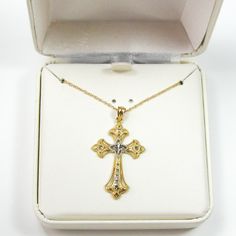 Yellow And White Gold Cross. White Parts Are Diamond Cut To Sparkle Bail Is Marked 14k Cross Measures 1.25" Long X .75" Wide 18" Long Chain Tag Says Made In Usa Western Necklaces, Silver Link Chain, Gold Cross Necklace, Star Pendant Necklace, Bow Necklace, Circle Pendant Necklace, Beaded Pendant Necklace, Silver Heart Necklace, Square Pendant