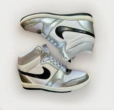 Nike Force Dunk Sky Hi Hidden Wedge Heel High White Metallic Silver Womens US 11  | eBay Nike Force, Wedge Heels, Metallic Silver, Athletic Shoes, Force, High Heels, Shoe Accessories, Wedges, Women Accessories