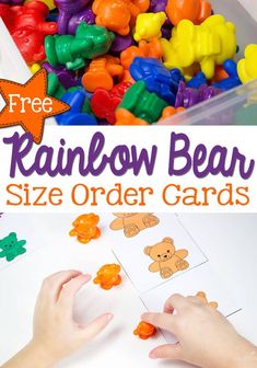 a child is playing with rainbow bear size order cards