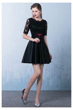 Shop modest black satin aline party dress with lace sleeves online. Sheprom offers formal, party, casual & more style dresses to fit your special occasions. Short Princess Dress, Occasion Dresses Evening, Dress With Lace Sleeves, Evening Party Dresses, Evening Gowns Elegant, Beautiful Shorts, Satin Bridesmaid Dresses, Black Short Dress, Dresses Cocktail