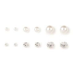 Graduated  Pearl & Crystal Stud Earrings - 6 Pack Claires Earrings, Gift Inspo, Mini Earrings, Fashionable Jewelry, Pearl Crystal, Earrings Studs, Crystal Stud Earrings, Stud Earrings Set, Rhinestone Earrings