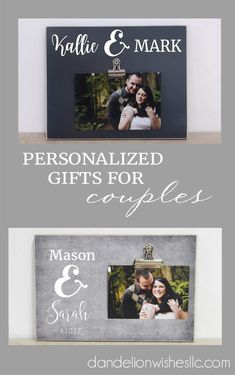 two personalized gifts for couples are displayed on a shelf with the words, personalized gifts