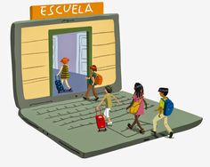 people are walking in front of a laptop with an escula sign on the screen