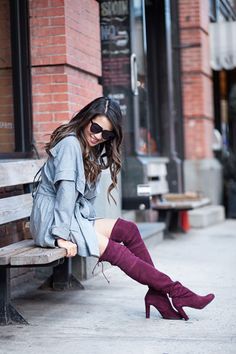 30 Ways To Wear Over The Knee Boots | Be Daze Live Over The Knee Boot Outfit, Wendy's Lookbook, Knee Boots Outfit, Grey Knit Dress, Burgundy Boots, Street Style Winter, Boots Women Fashion, Street Style Chic, Oversized Silhouette