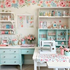 a sewing machine sitting on top of a table next to a shelf filled with flowers