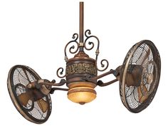 a ceiling fan with two fans attached to it's blades and an ornate design