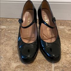 Prada Black Patent Leather Pumps In Great Condition. Barely Any Marks. Insoles Leather Needs Glue. Otherwise Great Comfortable Fit. Picture #3 Shows A White Spot On The Heel, It’s Just A Reflection Not A Mark. Prada Pumps, Black Patent Leather Pumps, Shoes Prada, Patent Leather Pumps, Prada Shoes, Black Patent Leather, Leather Pumps, Shoes Women Heels, Patent Leather