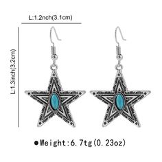 Product Description: Embrace vintage charm with the Horae Retro Literary Lace Pentagram Turquoise Earrings. These earrings exude a sense of whimsical elegance with their intricate lace design and pentagram turquoise centerpiece. Crafted with attention to detail, they capture the essence of retro literary style. The turquoise stone adds a pop of color and mystique to the earrings, while the lace detailing adds a touch of femininity. Perfect for adding a unique flair to your look, these earrings a Bohemian Star-shaped Jewelry For Festivals, Bohemian Star-shaped Festival Jewelry, Bohemian Star Jewelry For Festivals, Vintage Star-shaped Metal Jewelry, Bohemian Star-shaped Nickel-free Earrings, Bohemian Star-shaped Nickel-free Jewelry, Blue Star-shaped Bohemian Jewelry, Vintage Blue Earrings For Festival, Vintage Nickel-free Star Jewelry