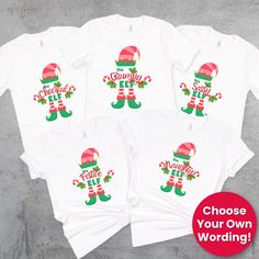 **Christmas Deadline is December 10** Super Cute Matching Elf T-Shirts for the whole group. Elf hat and boot designs with "the CUSTOM elf" on white t-shirt in sizes for the whole family. Your unique design is printed on high quality Bella + Canvas crewneck tees (Toddler, Youth, and Adult) and Ultra Soft Rabbit Skins Crewneck Tee (Baby) for the ultimate comfort and durability.  HOW TO ORDER -Choose Your Size -In the Personalization Box, please provide your custom wording.  To ensure that all size Group Christmas Shirts, Family Holiday Card, Christmas Shirts Family, Family Holiday Cards, Elf T Shirt, Elf Hat, Family Holiday, Designer Boots, Baby Size