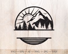 the mountains and trees are silhouetted in this wood cut file, which is also available for