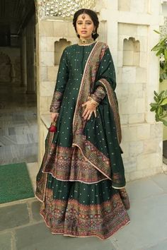 Shop for Safaa Green Vegan Silk The Nazneen Anarkali Lehenga Set for Women Online at Aza Fashions Bottle Green Anarkali, Green Suit Women, Potli Button, Green Anarkali, Silk Anarkali, Anarkali Lehenga, Indian Fashion Trends, Anarkali Dress Pattern, Green Lehenga