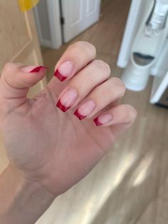 Red french tip December Nails Red French Tip, Red And White French Tip Nails Square, Small Red French Tip Nails, Red Tip Nails Christmas, Red French Tips Short, Red French Tip With Heart, Squoval French Tip Nails Short, Red Tip Nails Square, Coffin Red French Tip Nails