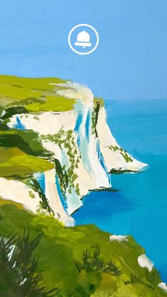 an oil painting of white cliffs on the coast with blue water and green grass in the foreground