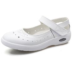 • Upper Material: Polyurethane• Toe Shape: Round Toe• Sole Material: Rubber• Closure Type: Hook and Loop• Fit: Fits true to size, take your normal size• Season: Spring/Autumn• Lining Material: Polyurethane• Item # E990• Width Options: B - Medium• Import Product• Shipping Worldwide White Synthetic Closed Toe Slip-ons, Comfortable White Flats With Round Toe, White Slip-resistant Walking Shoes With Round Toe, White Closed Toe Comfortable Flats, White Slip-on Walking Shoes With Flat Heel, White Slip-resistant Round Toe Walking Shoes, White Non-slip Slip-ons With Round Toe, Slip-resistant Synthetic Flats With Round Toe, Comfortable White Closed Toe Flats