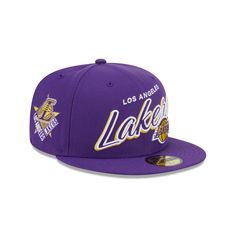 The Los Angeles Lakers Script Sided 59FIFTY Fitted Cap features an embroidered Lakers script and logo at the front panels with a matching NBA Logoman at the rear. Additional details include a logo patch at the right-wear side and a gray undervisor. Throwback Fitted Hat With Flat Brim For Fan Gear, Throwback Flat Brim Fitted Hat For Fan Gear, Throwback Flat Brim Fitted Hat For Fans, Throwback Fitted Hat With Flat Brim For Sports Events, Throwback Flat Brim Fitted Hat For Sports Events, Baseball Season Snapback With Embroidered Logo, Snapback Fitted Hat With Embroidered Logo For Baseball Season, Sporty Logo Hats For Sports, Throwback Fitted Hat With Flat Bill For Fans