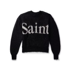 Every SAINT Mxxxxxx drop is packed with logo-heavy streetwear staples. This vintage-inspired sweater is crafted from a fluffy mohair-blend and features a serif moniker jacquard-knitted across the front. Designer Logo Print Sweatshirt For Winter, Designer Logo Print Sweater For Fall, Designer Fall Sweater With Logo Print, Designer Logo Print Winter Outerwear, Designer Winter Outerwear With Logo Print, Black Mohair Crew Neck Sweater, Jacquard Knit Sweatshirt For Fall Streetwear, Fall Jacquard Knit Sweatshirt For Streetwear, Fall Logo Print Streetwear Sweater