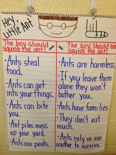 a bulletin board with writing on it in front of a bathroom wall that says, the boy should squish the ant