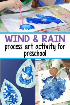 kids are painting with watercolors and the words wind & rain process art activity for preschool