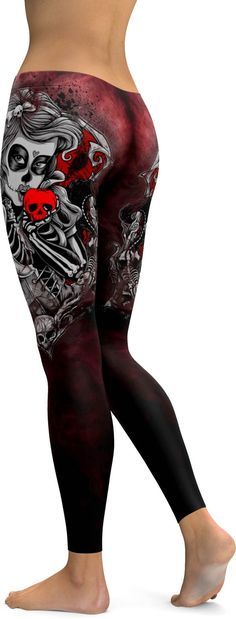 This Dead of The Day give your wardrobe an upgrade with a seriously gorgeous Sugar Skull Leggings! The mysteriously sexy print of a female skull kissing the forbidden apple makes this leg fashion piec Gothic Leggings, High Waist Sports Leggings, Halloween Clothes, Skull Leggings, Color Block Leggings, Sugar Skulls, Clothes Women, Floral Leggings, Leggings Fashion