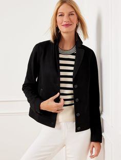 Our luxuriously comfortable brushed knit jacket. Expertly tailored with all the classic including easy button closures and welt front pockets. A cool-weather must-have. Features Long Sleeve Hits Above Hip Button front closure Welt pockets Imported Fit: Misses: 21 1/2"; Petite: 21"; Plus: 24"; Plus Petite: 21 1/2" Material: Face: 37% Polyester, 25% Rayon, 14% Acrylic, 12% Nylon, 10% Acetate, 2% Wool; Back: 63% Polyester, 37% Rayon; Lining: 100% Polyester, Trim: 100% Faux Leather Care: Dry Clean | Classic Fall Sport Coat With Buttoned Pockets, Versatile Button-up Outerwear With Button Closure, Versatile Fall Blazer With Button Closure, Winter Everyday Blazer With Buttoned Pockets, Button-up Sweater Coat For Workwear, Versatile Winter Outerwear With Buttons, Versatile Button Closure Outerwear For Work, Casual Blazer For Layering With Buttons, Button Closure Blazer For Fall Layering