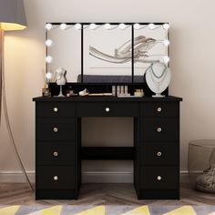 a desk with a mirror and lights on it