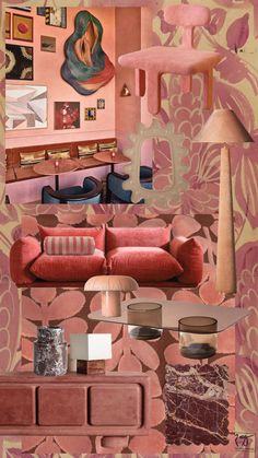 a living room filled with furniture and pink walls