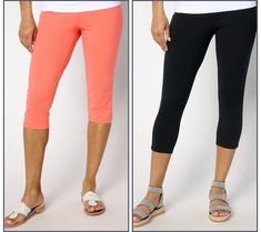 When temps rise, hemlines usually follow! Beat the heat with a knee-grazing pedal pusher and a mid-calf capri. This summery set of knit pants -- in basic black and your choice of color -- gives you sooo many outfit possibilities (while still looking chic!). From Women with Control®. Solid Athleisure Capris For Summer, Solid Color Athleisure Capris For Summer, Sporty Stretch Capris For Summer, Sporty Solid Color Summer Capris, Summer Stretch Capris For Yoga, Summer Yoga Stretch Capris, Black Knee-length Capris For Summer, Stretch Capris For Summer, Casual Knee-length Yoga Capris