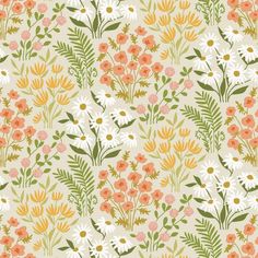 an orange and white floral pattern with green leaves on the bottom, yellow flowers in the middle