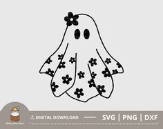 a white ghost with black flowers on it