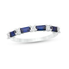 This sideways 4.0 x 2.0mm baguette-cut lab-created blue sapphire and 1/5 ct. t.w. diamond alternating pattern four stone ring is set in 10K white gold. Blue Diamond Ring With Baguette Diamonds, Baguette Cut Lab-created Sapphire Diamond Ring, Blue Sapphire Ring With Channel Set Baguette Cut, Sapphire Ring With Diamond Accents And Baguette Cut, Blue Sapphire Baguette Cut Channel Set Ring, Blue Sapphire Baguette Cut Ring Channel Set, Sapphire Baguette Cut Ring With Diamond Accents, Sapphire Colored Baguette Cut Diamond Ring, Blue Baguette Cut Diamond Ring With Baguette Diamonds