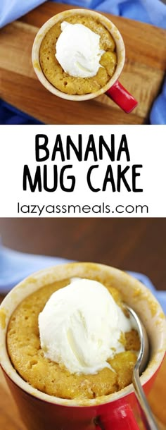 a banana mug cake with whipped cream in it