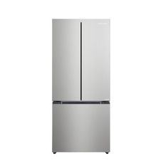 a silver refrigerator freezer sitting on top of a white wall