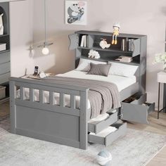 a bedroom with a bed, dresser and bookcase in grey color scheme on the wall