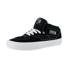 a black and white high top sneaker with the words vans on it's side