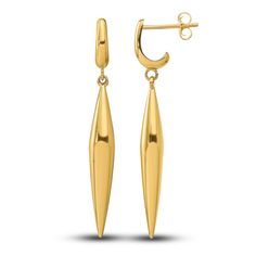 Striking spear dangles are adorned with a high-polish finish in these glamorous women's dangle earrings. Fashioned in 14K yellow gold, the earrings secure in place with friction backs. Polished Yellow Gold Diamond Drop Earrings, Modern 14k Gold Diamond Earrings For Formal Events, Modern 14k Gold Diamond Earrings For Formal Occasions, Modern Gold Teardrop Diamond Earrings, Polished Finish Diamond Drop Earrings For Formal Occasions, Formal Polished Diamond Drop Earrings, Formal 14k Gold Earrings With Shiny Finish, Formal Polished Finish Diamond Drop Earrings, Formal Polished Yellow Gold Earrings