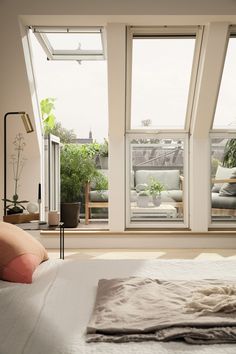 a bedroom with three windows and a bed in the foreground, there are plants on the other side of the window