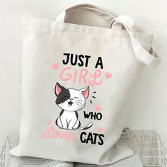 Women's Canvas Shoulder Bag Just A Girl Who Loves Cats Print Shopping Bag 2024 Student Animal Tote Cartoon Kitten, Canvas Shoulder Bag, Just A Girl, Cat Print, A Girl, Kittens, Tote Bag, Shoulder Bag, Handbags