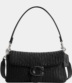 From COACH&#x2C; this shoulder bag features: Woven leatherUnlinedInside zip pocketSnap closure&#x2C; fabric liningDetachable handle with 7.75" dropDetachable strap with 21.5" drop for shoulder or crossbody wearApprox.: 10.5" L x 5.5" H x 3.75" WImported. Coach Shoulder Bag With Gunmetal Hardware For On-the-go, Modern Flap Shoulder Bag With Leather Trim, Coach Bags With Leather Trim For Fall, Coach Bag With Leather Trim For Fall, Coach Flap Bag For Everyday Use, Coach Black Satchel For Fall, Black Coach Satchel For Fall, Coach Tote Shoulder Bag With Leather Trim, Chic Bag With Leather Trim And Flap