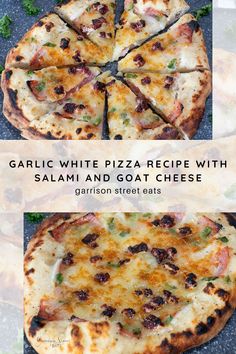 garlic white pizza recipe with salami and goat cheese