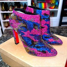 Nwt Louboutin Eleonor Bling Bang Booties. These Are Absolutely Insanely Gorgeous. The Sparkle Is Unreal. The Iridescent Color Changes To Shades Of Pinks, Purples, Blues. Size 41 But Runs Small. Includes Box And Dust Bag. Multicolor Round Toe Boots For Evening, Multicolor Round Toe Evening Boots, Luxury Pink Party Boots, Luxury Pink Pointed Toe Boots, Iridescent Color, Knee High Leather Boots, Shoe Obsession, Louboutin Shoes, Christian Louboutin Shoes