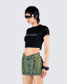 Money maker 🤑 This black jersey graphic top is made from stretch jersey fabric, and is complete with short sleeves, and a cropped fit. Make their pockets hurt, bby 🖤 Fitted Edgy Cropped T-shirt, Edgy Fitted Cropped T-shirt, Edgy Fitted Crop Top T-shirt, Edgy Short Sleeve Crop Top With Graphic Print, Black Fitted Y2k Cropped T-shirt, Black Edgy Cropped T-shirt For Streetwear, Cotton Short Sleeve Crop Top For Streetwear, Cotton Cropped T-shirt With Short Sleeves In Grunge Style, Short Sleeve Cotton Crop Top For Streetwear