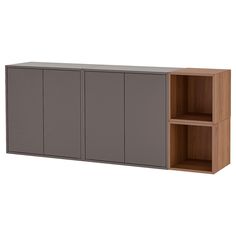 the sideboard is made from wood and has two doors on each side, one door open